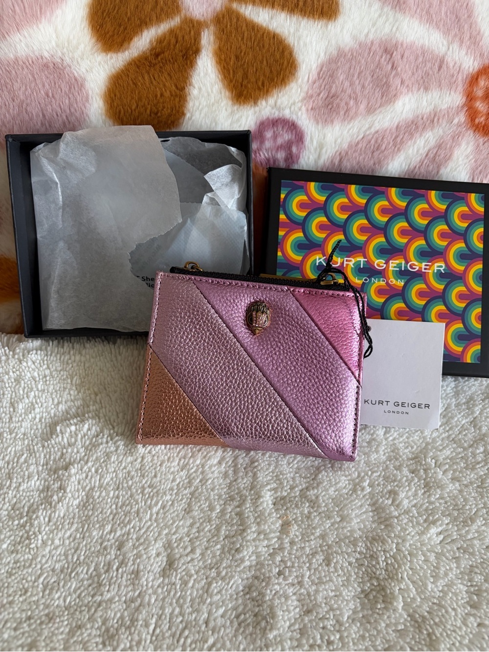 Kurt Geiger Metallic Pink and Rose-Gold Chevron Card Holder